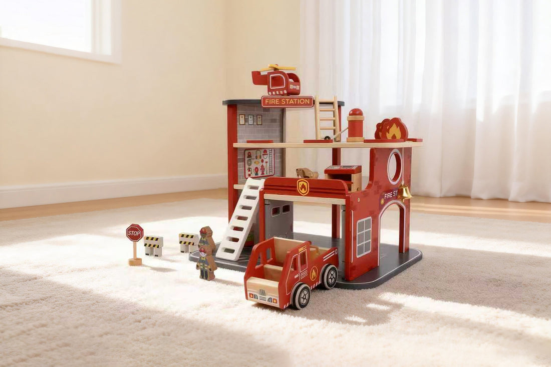 Guanyi Wooden Fire Station Playset for little heroes pretend play