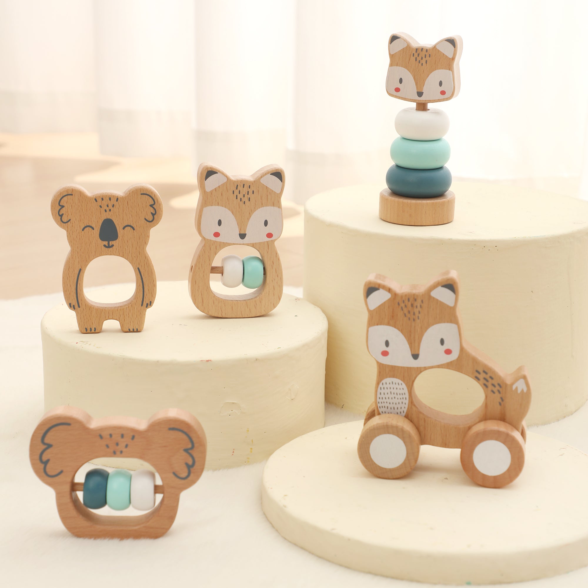 5 in 1, Baby Fox & Sloth Rattle Gift Set (Blue)