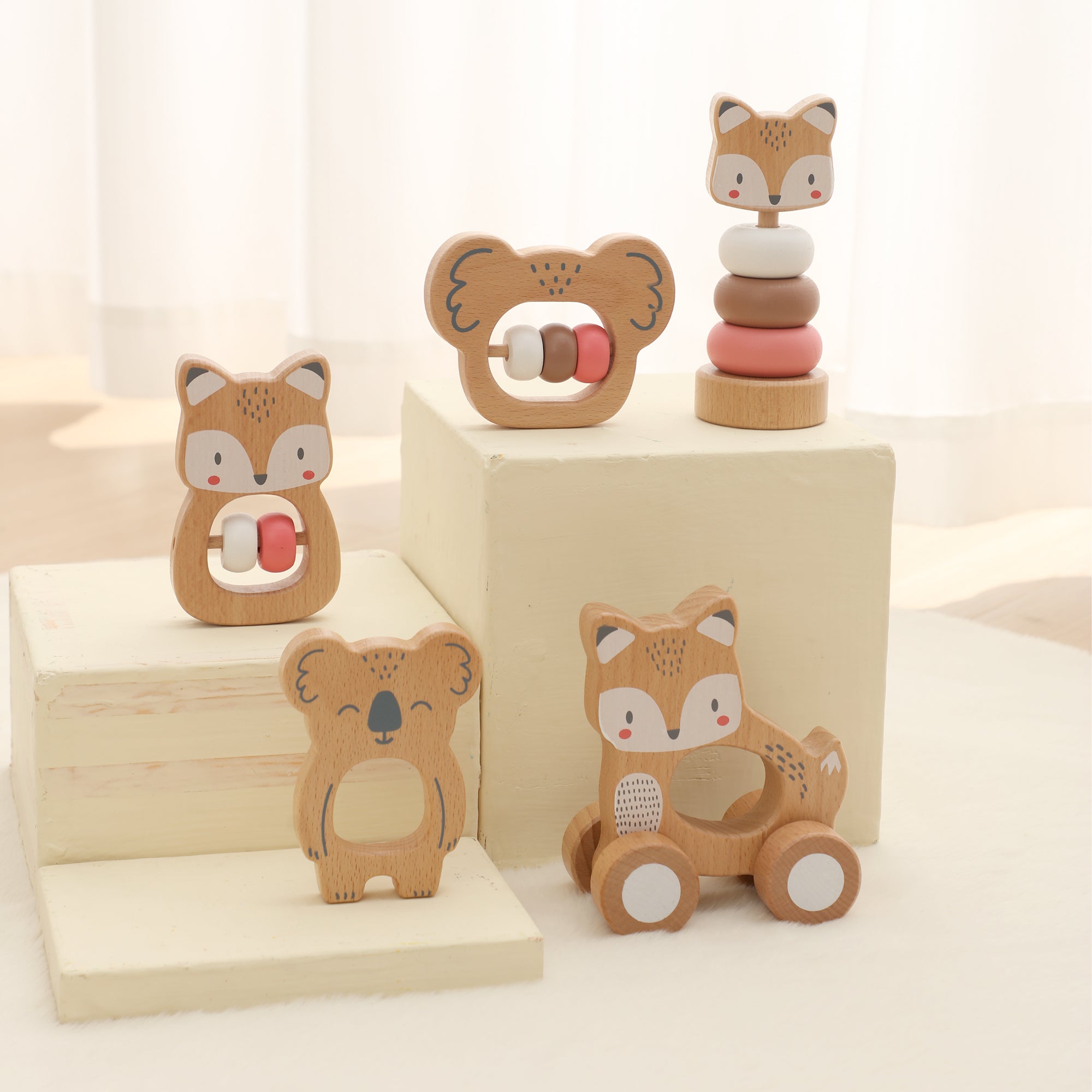 5 in 1, Baby Fox & Sloth Rattle Gift Set (Pink)