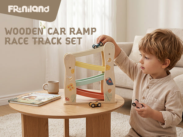 Child playing with wooden car ramp race track by Guanyi Toys