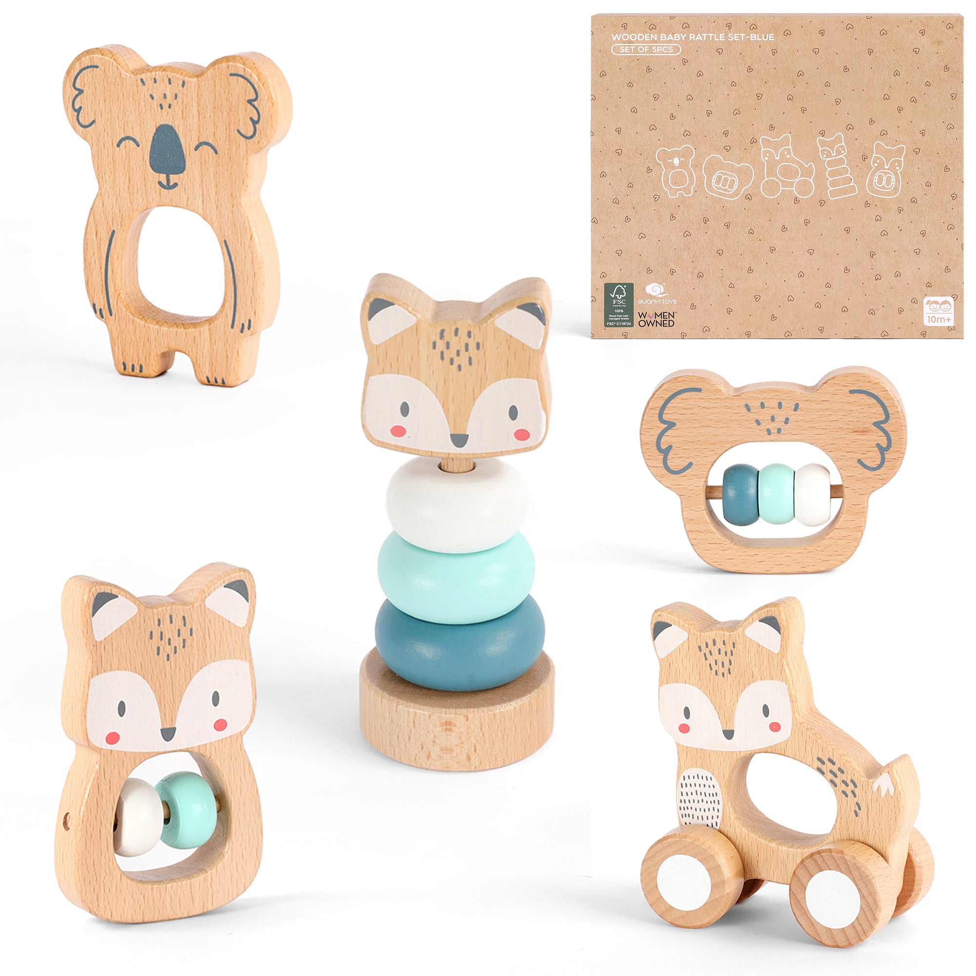 5 in 1, Baby Fox & Sloth Rattle Gift Set (Blue)