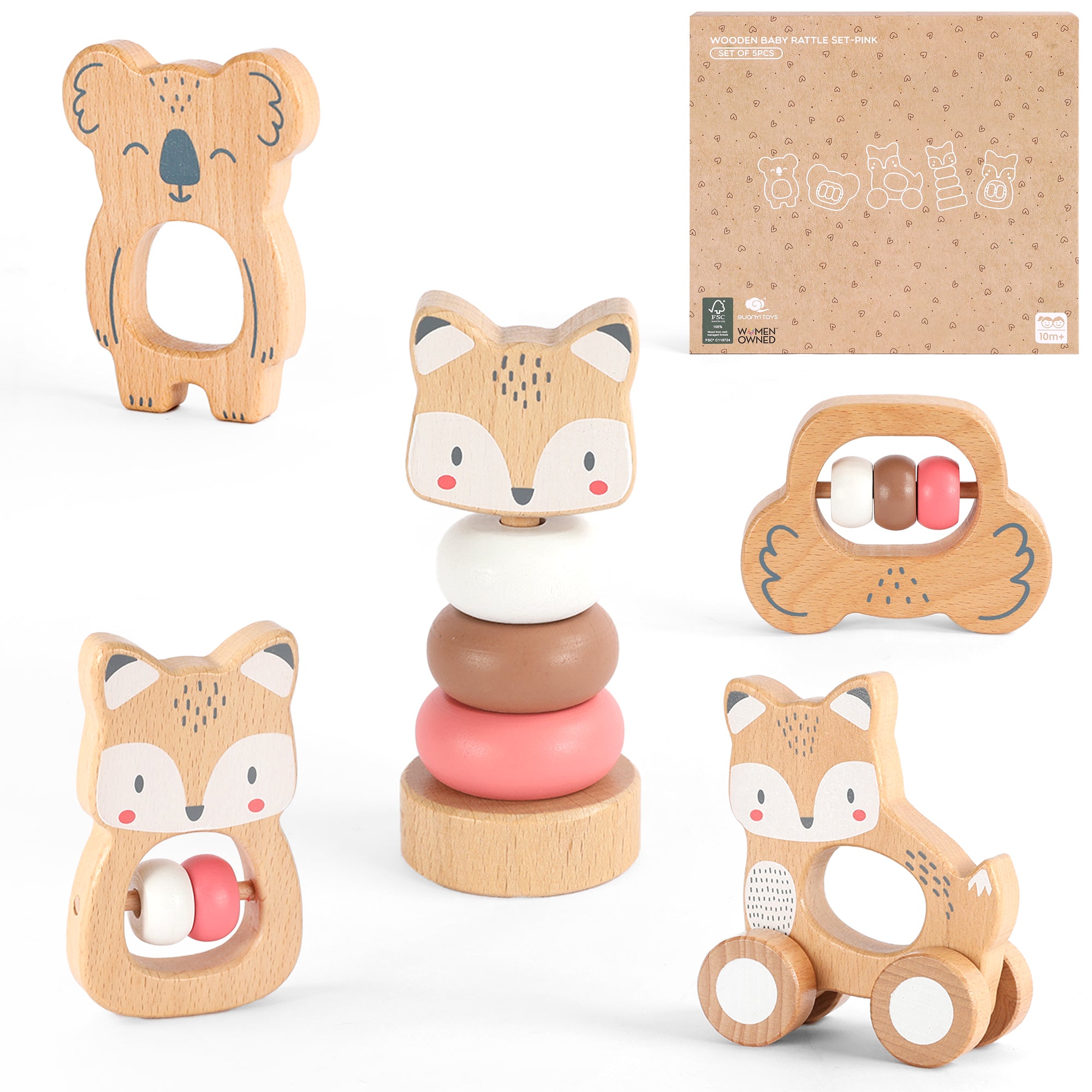 5 in 1, Baby Fox & Sloth Rattle Gift Set (Pink)