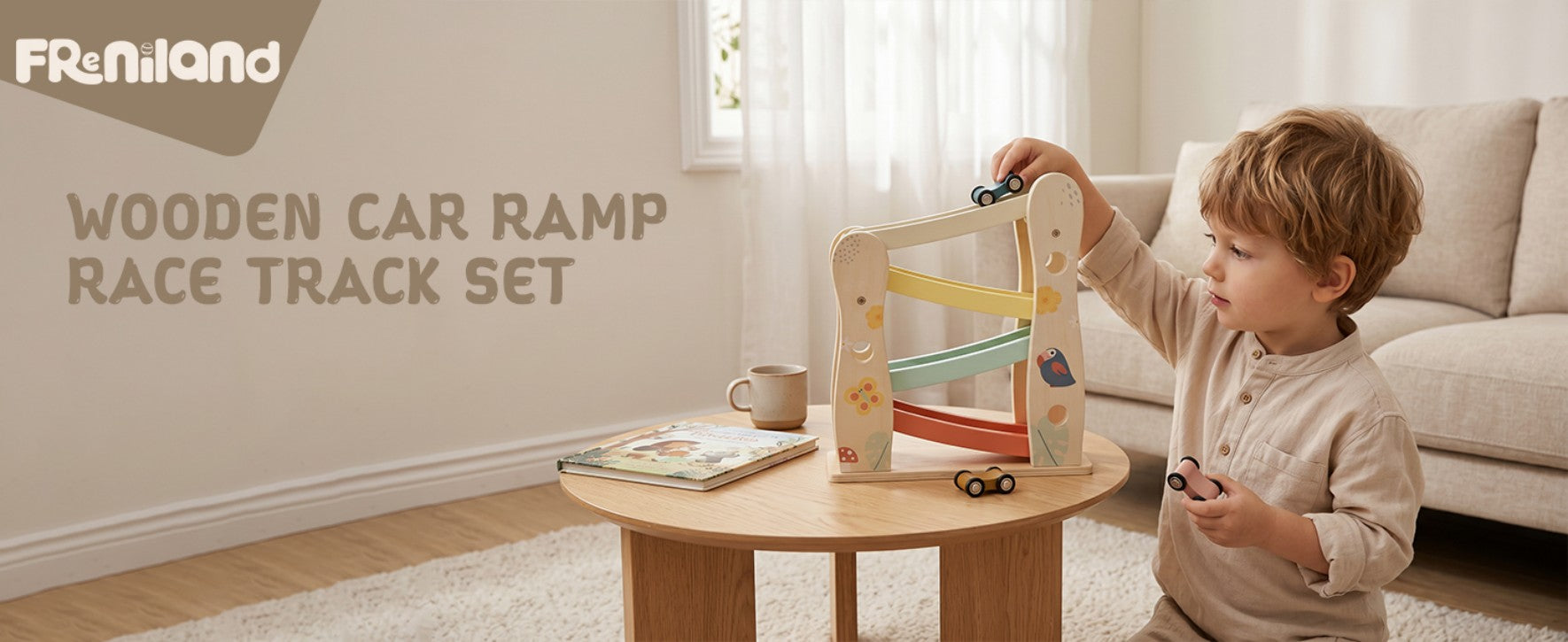 Toddler playing with a wooden car ramp race track by Guanyi Toys
