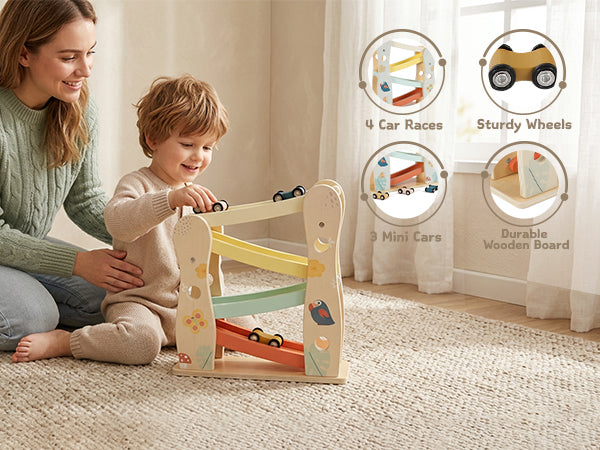 Toddler playing with a wooden car ramp racing toy by Guanyi Toys