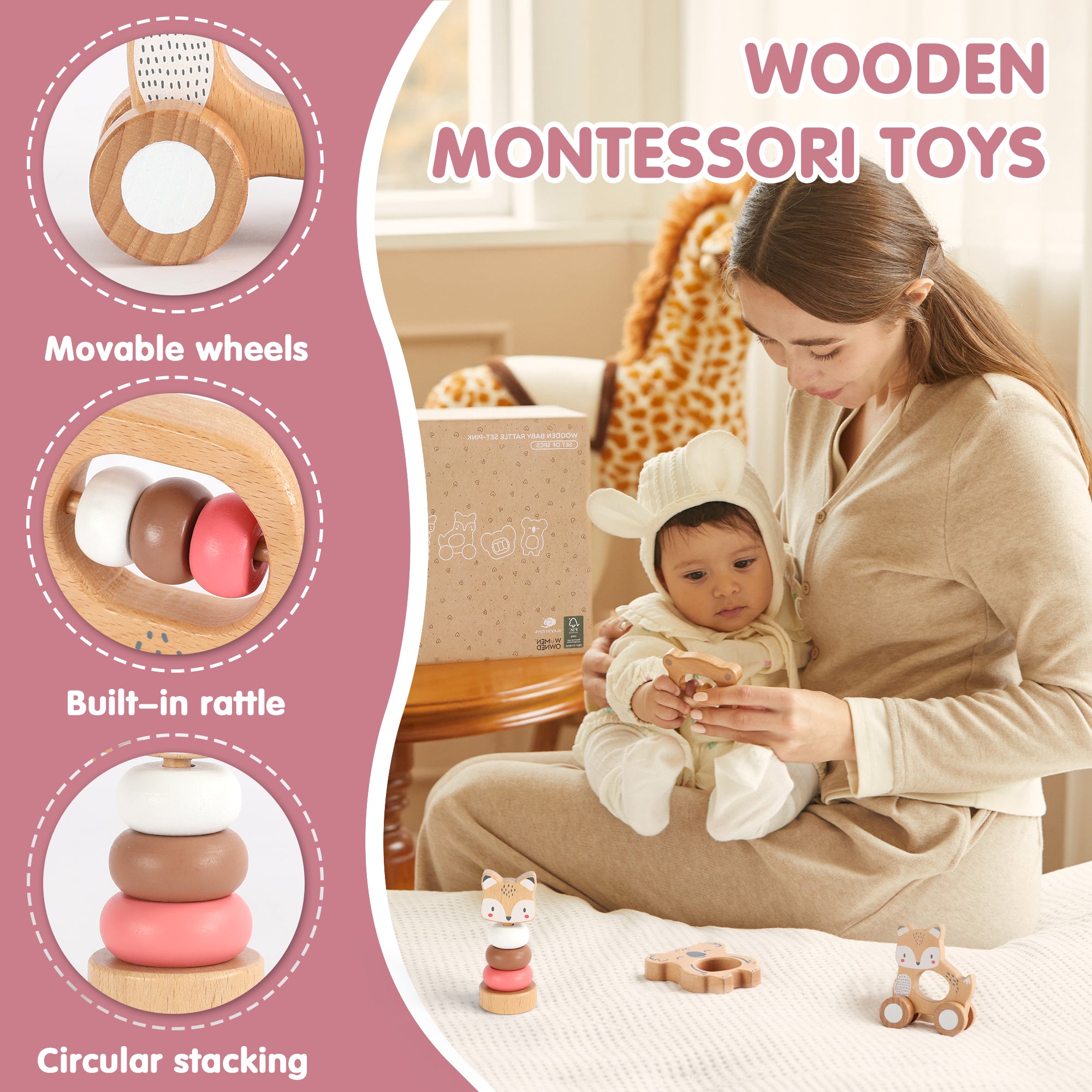 5 in 1, Baby Fox & Sloth Rattle Gift Set (Pink)