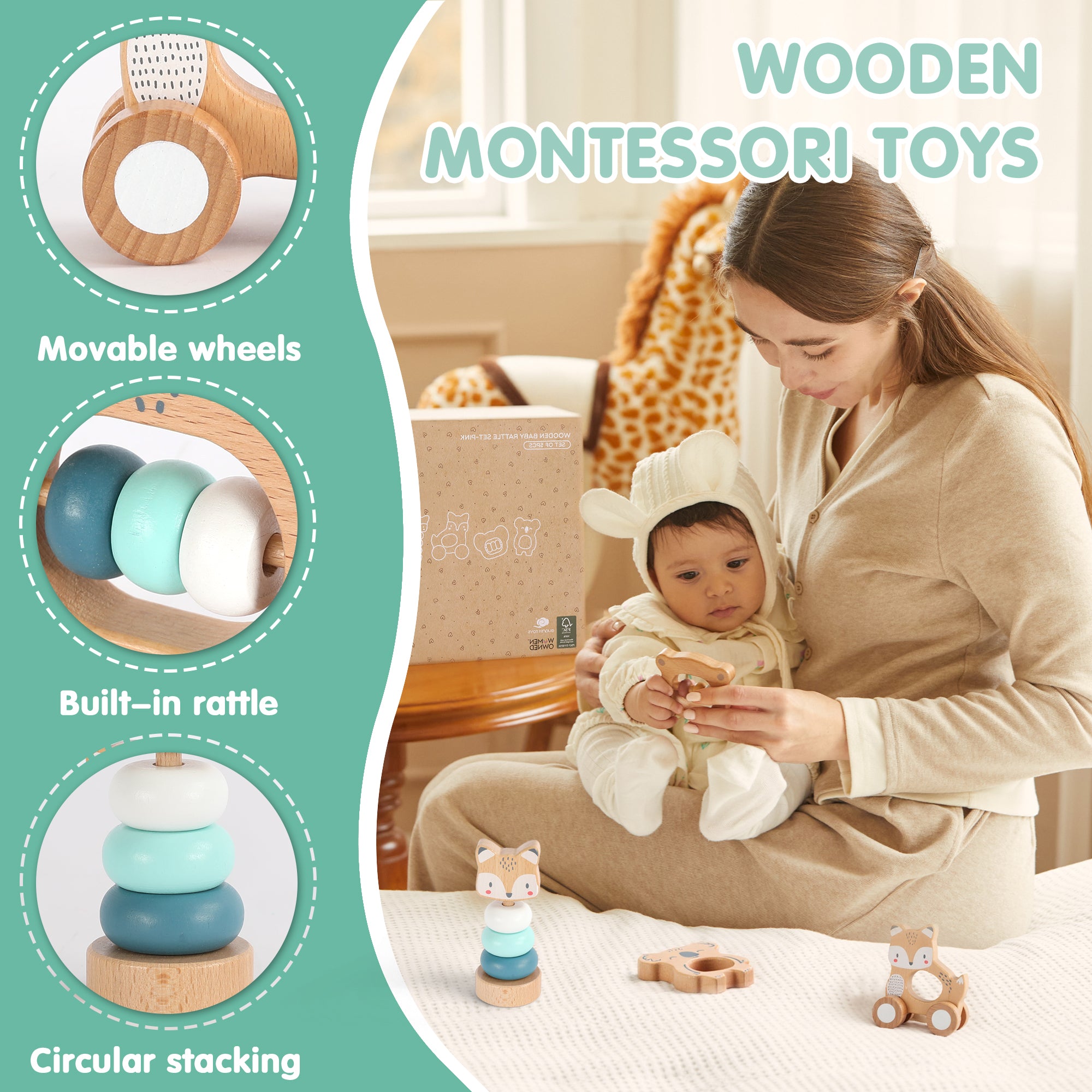 5 in 1, Baby Fox & Sloth Rattle Gift Set (Blue)