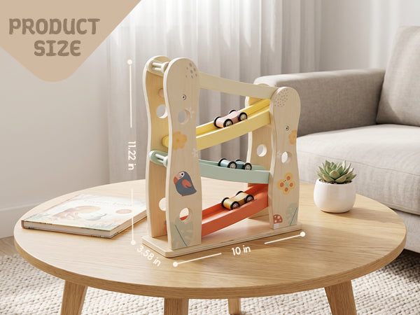 Wooden zig-zag car ramp toy with 3 cars by Guanyi Toys