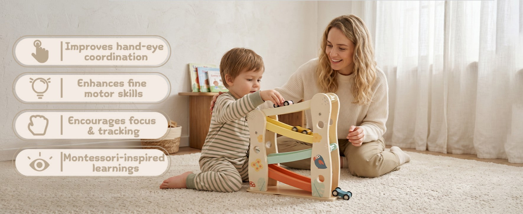 Toddler playing with a Montessori wooden car ramp by Guanyi Toys