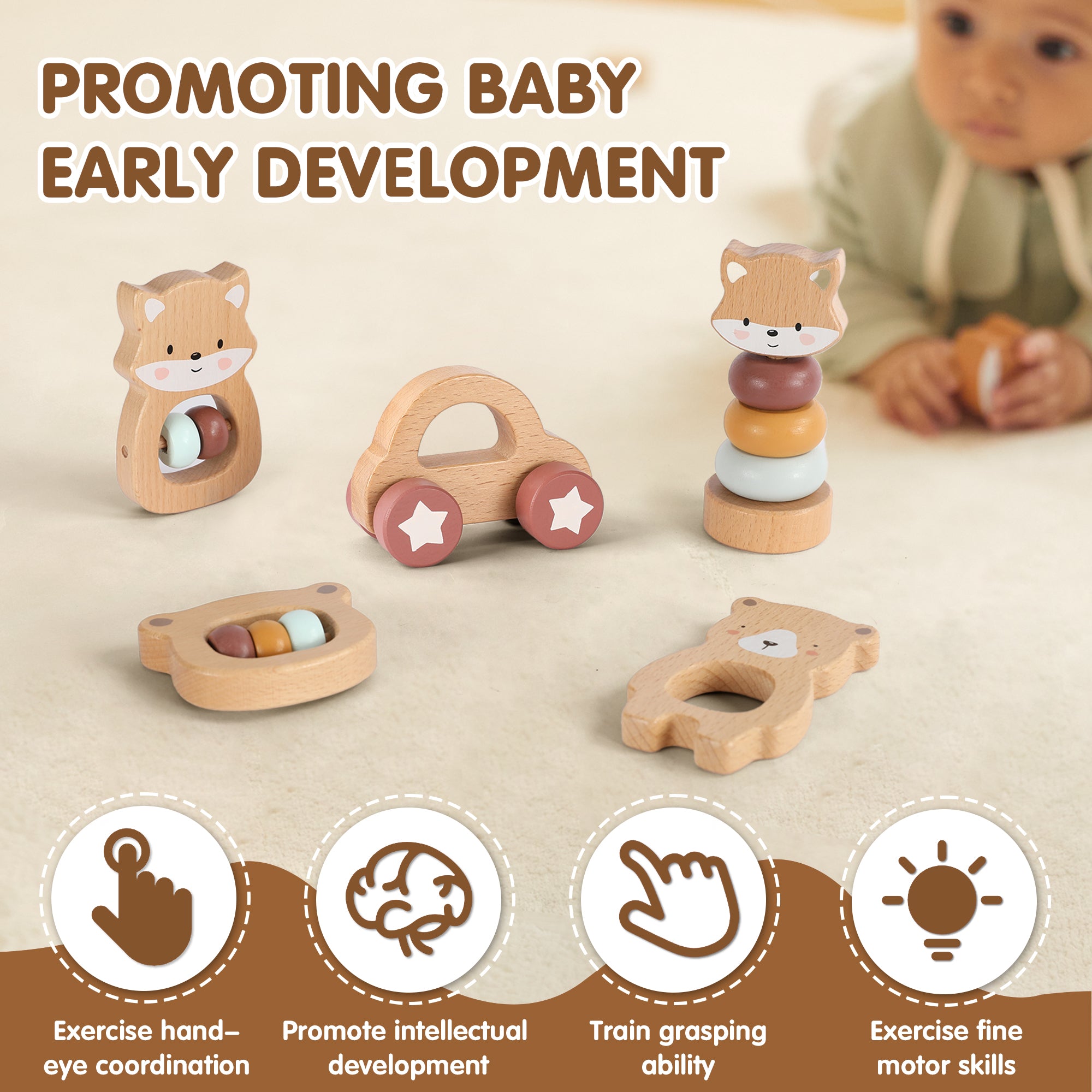 5 in 1, Baby Fox & Bear Rattle Play Set (Brown)