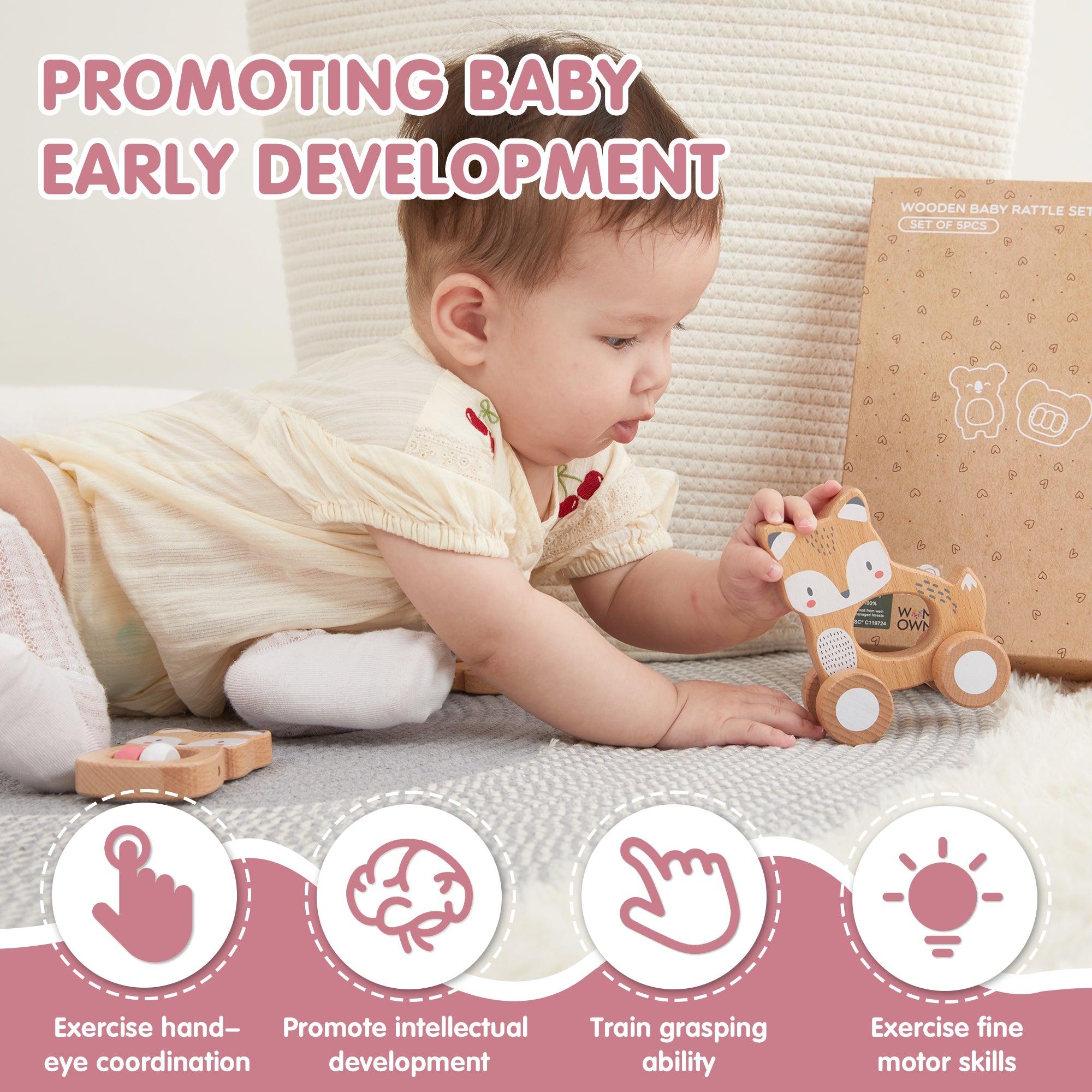 5 in 1, Baby Fox & Sloth Rattle Gift Set (Pink)