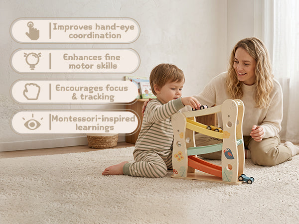 Montessori wooden car ramp racer toy for toddlers by Guanyi Toys