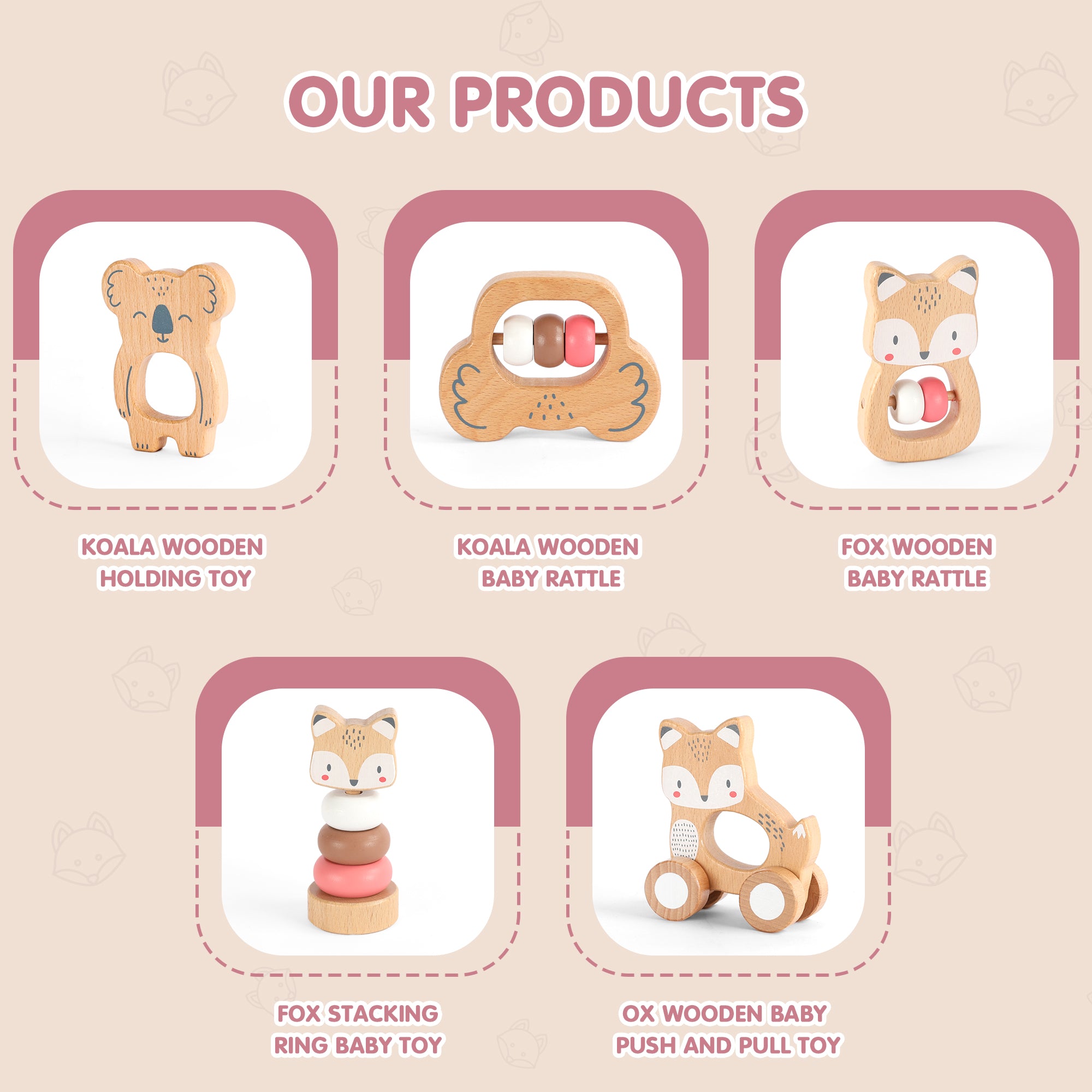 5 in 1, Baby Fox & Sloth Rattle Gift Set (Pink)