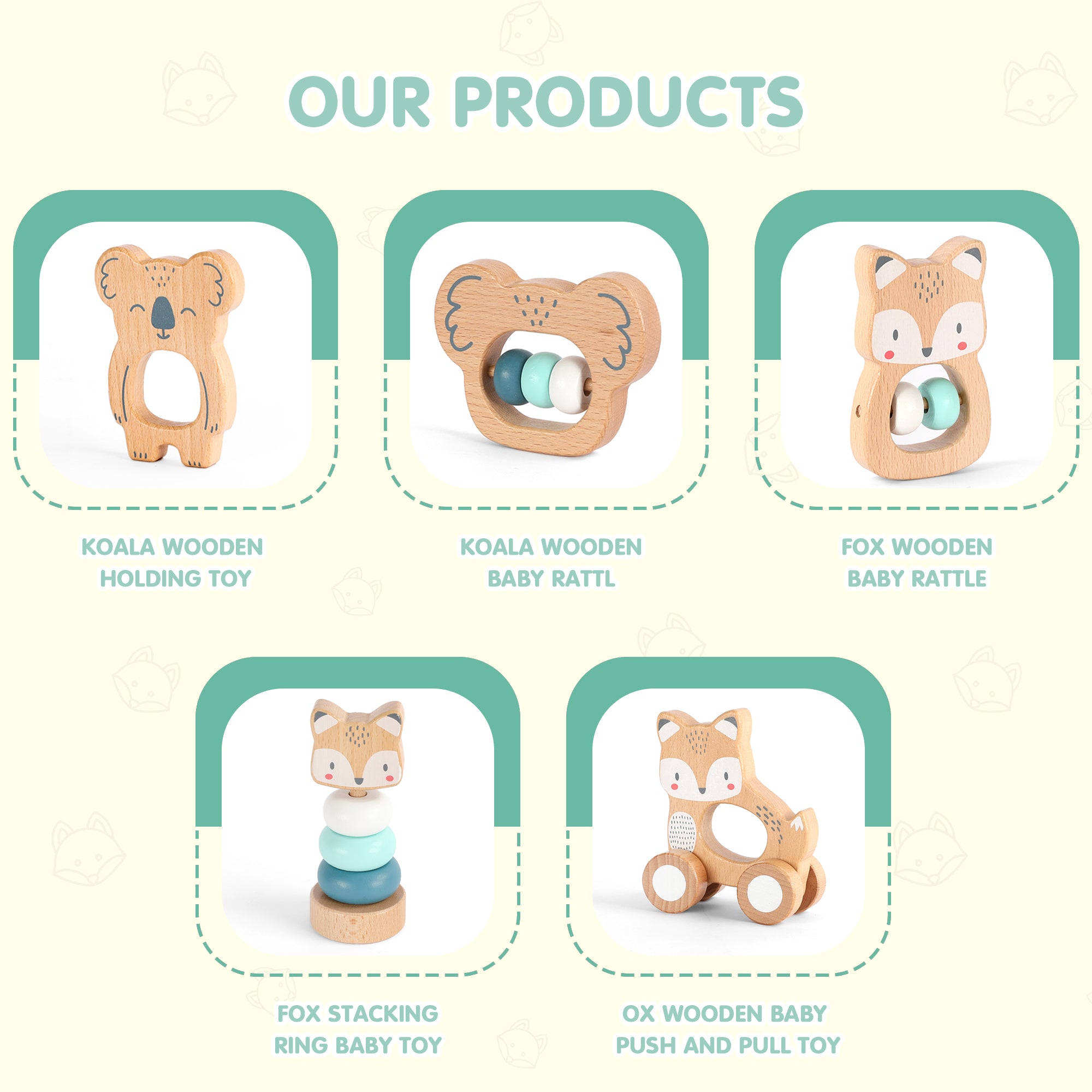 5 in 1, Baby Fox & Sloth Rattle Gift Set (Blue)