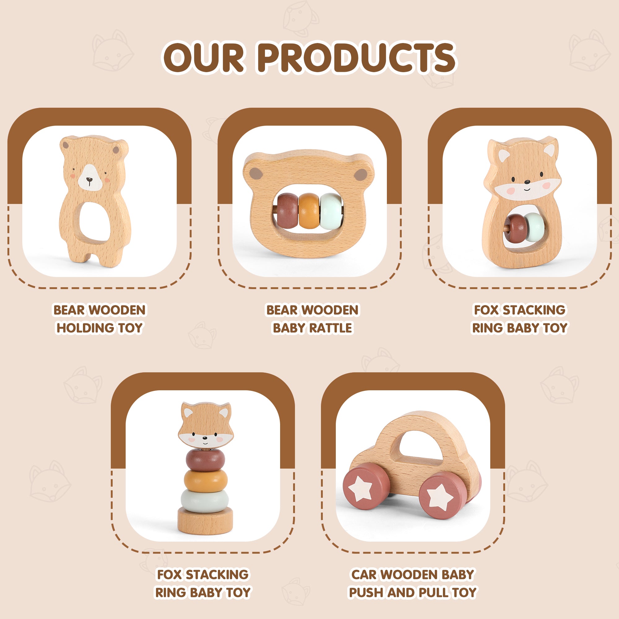 5 in 1, Baby Fox & Bear Rattle Play Set (Brown)
