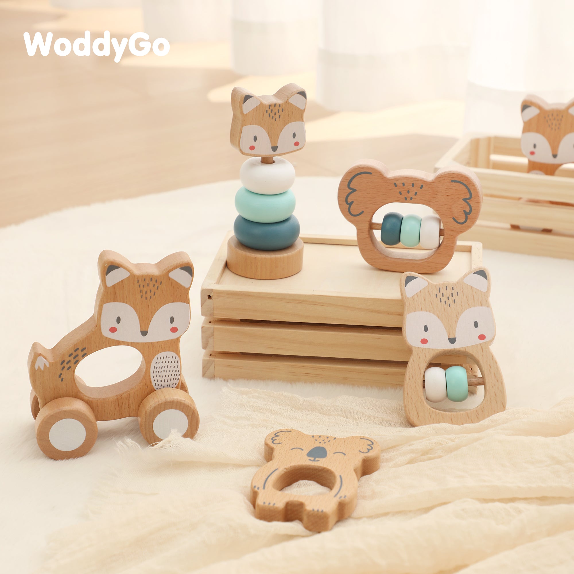 5 in 1, Baby Fox & Sloth Rattle Gift Set (Blue)