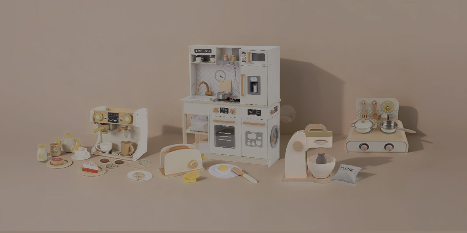 Wooden play kitchen set and toy appliances by Guanyi Toys