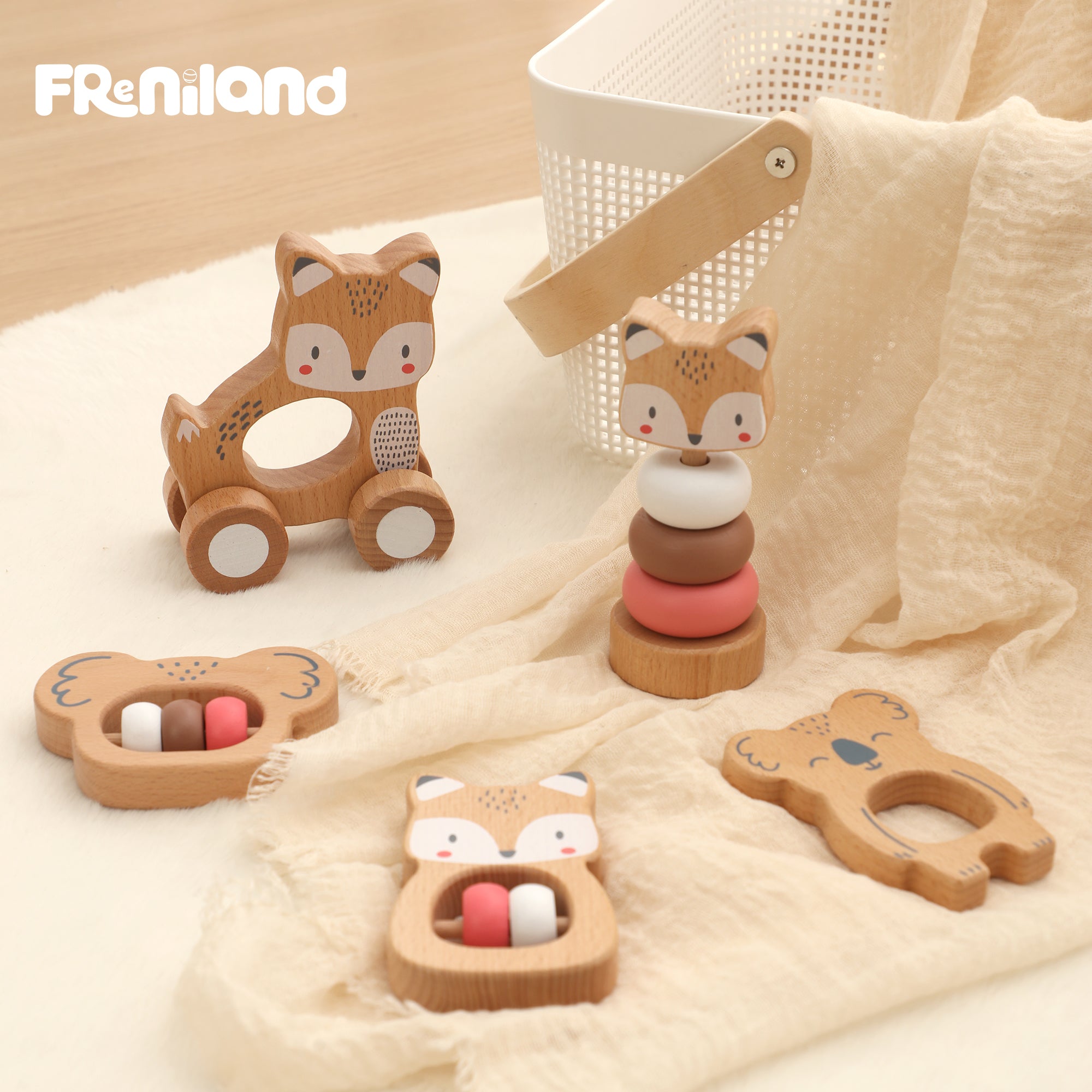 5 in 1, Baby Fox & Sloth Rattle Gift Set (Pink)