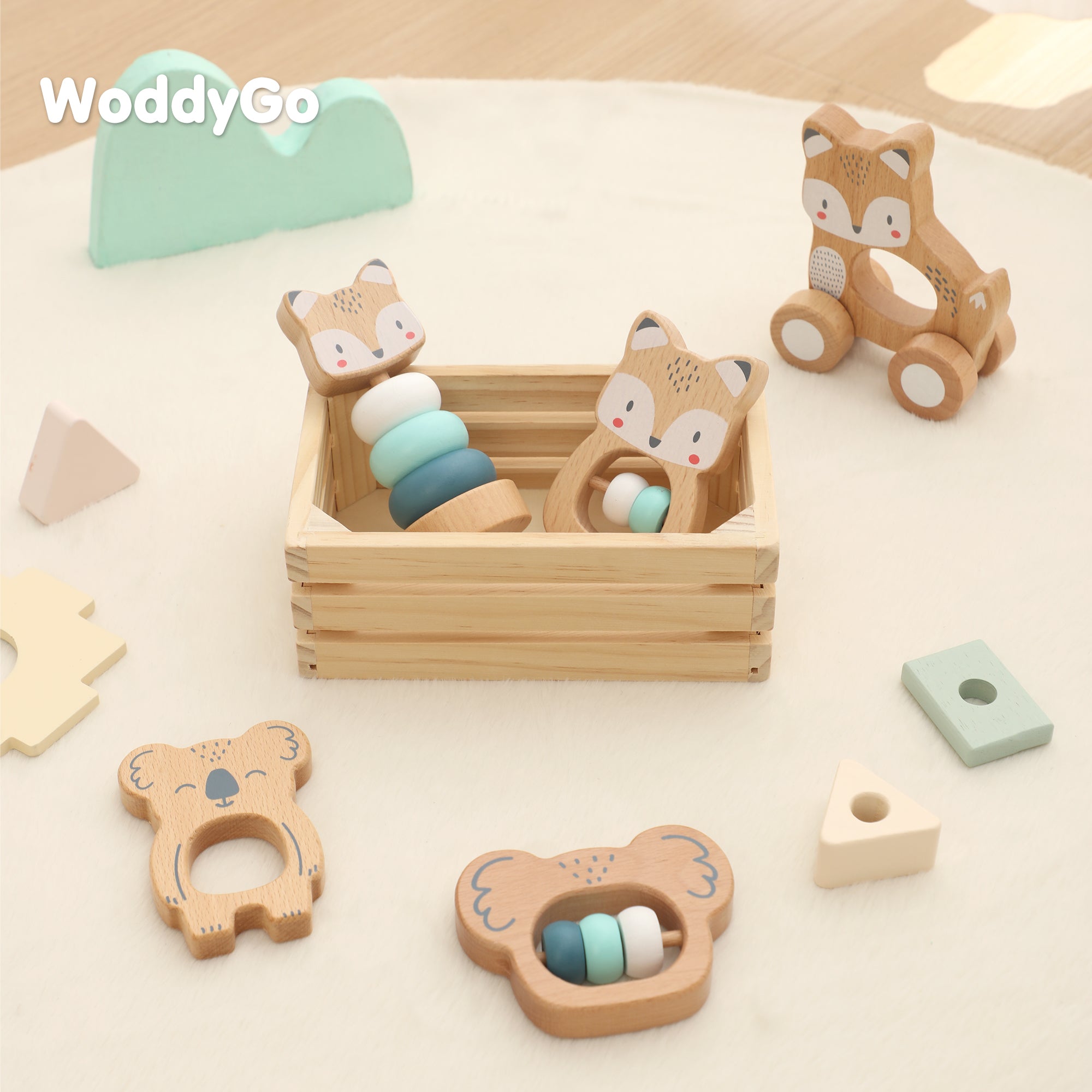 5 in 1, Baby Fox & Sloth Rattle Gift Set (Blue)