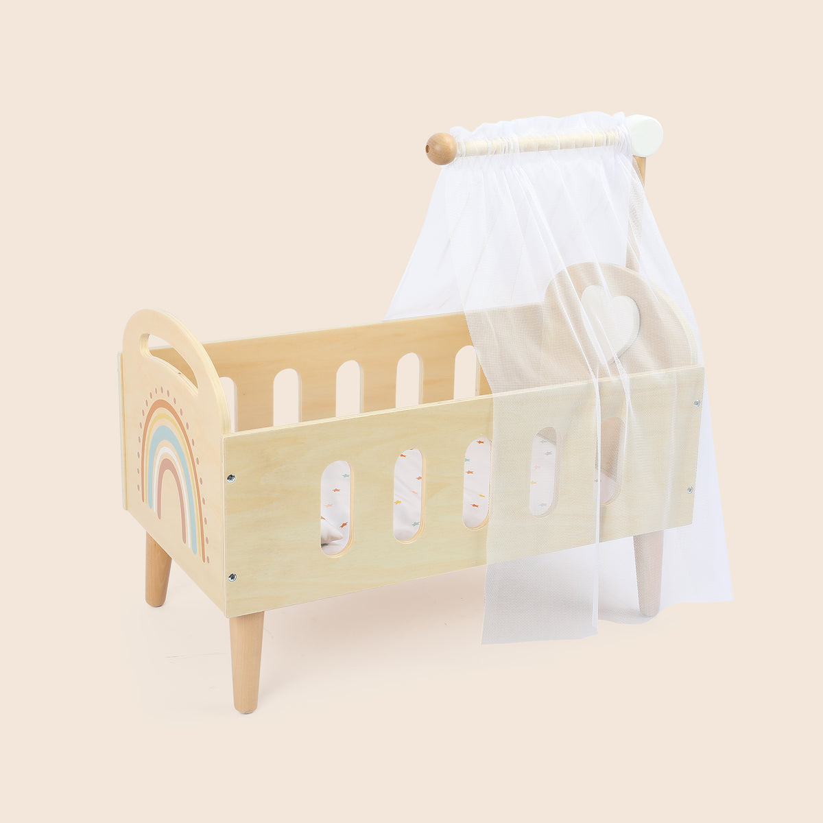 Wooden doll crib with rainbow and canopy by Guanyi Toys