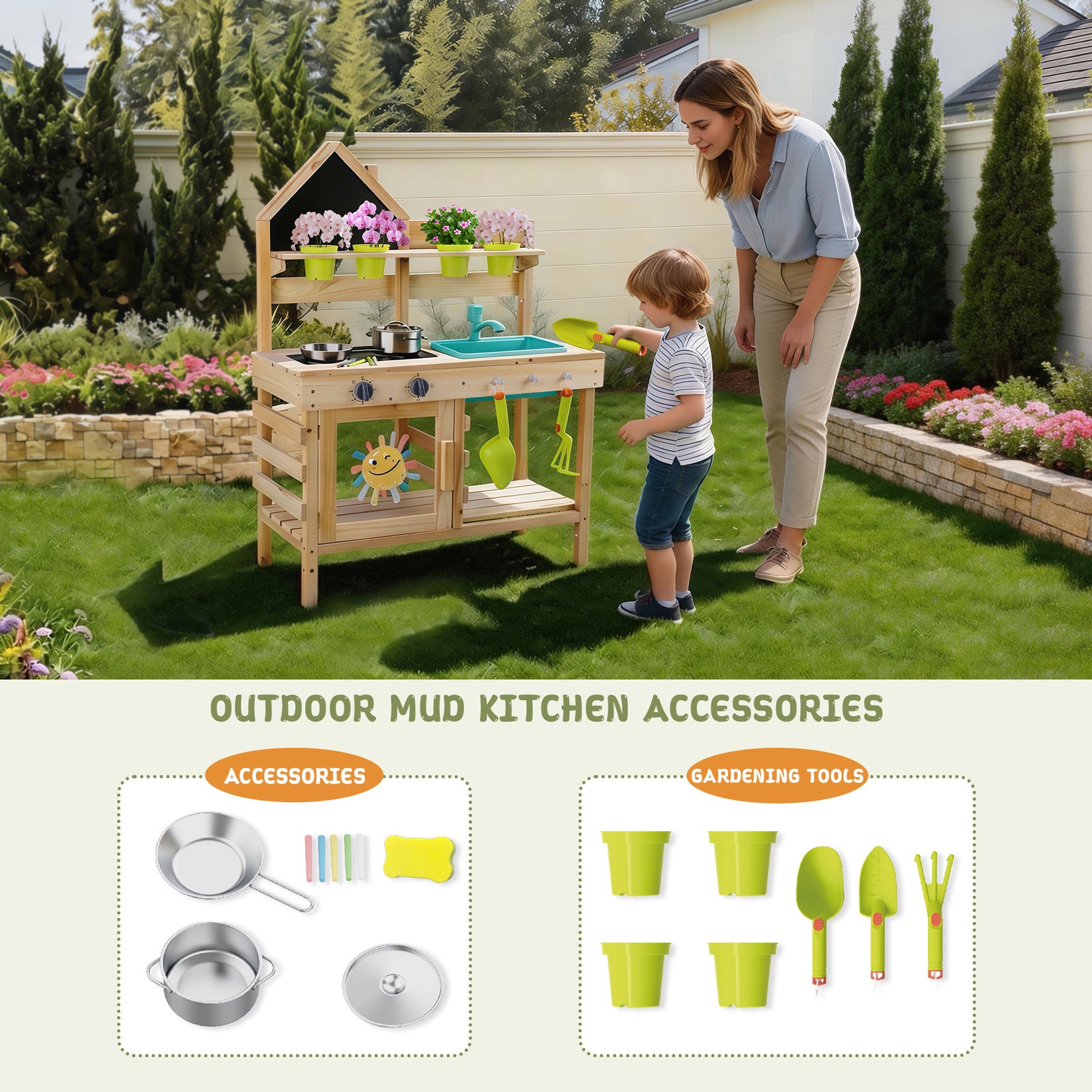 Kids wooden outdoor mud kitchen with accessories by Guanyi Toys