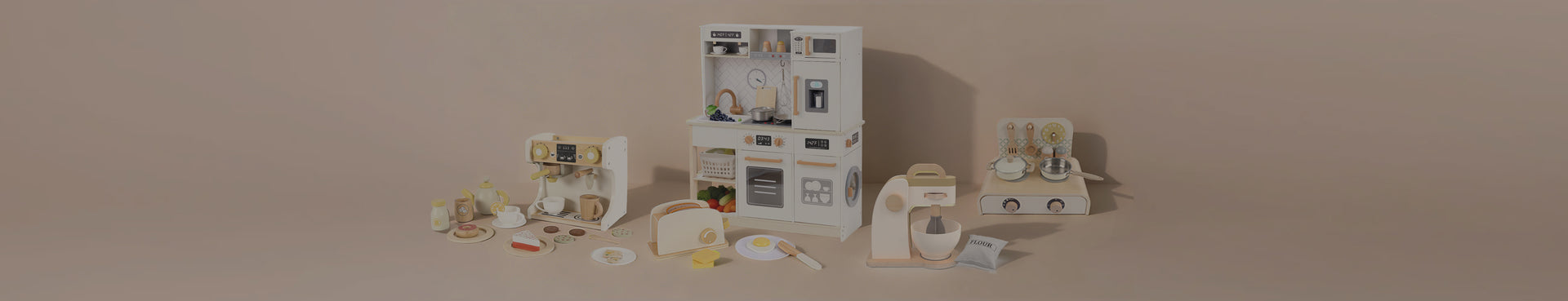 Kids wooden toy kitchen set with various play appliances