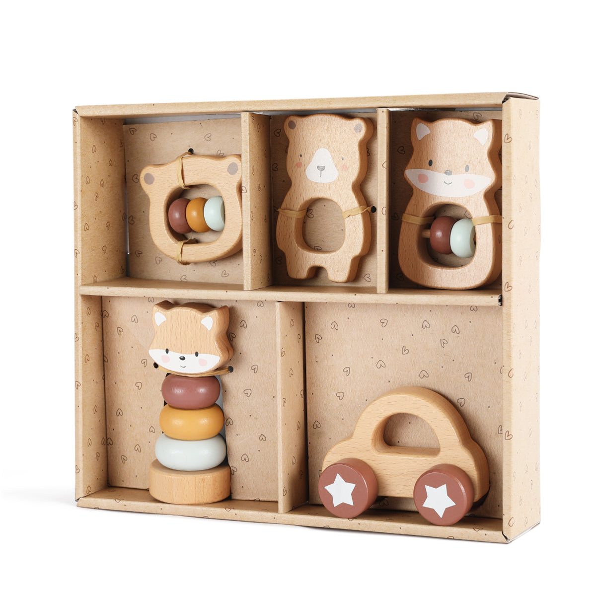5 in 1, Baby Fox & Bear Rattle Play Set (Brown) - GUANYI