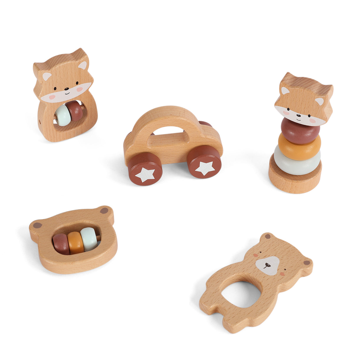 5 in 1, Baby Fox & Bear Rattle Play Set (Brown) - GUANYI