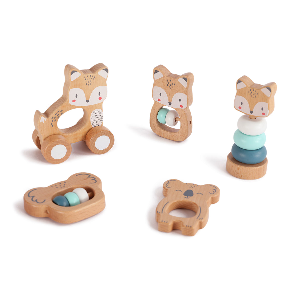 5 in 1, Baby Fox & Sloth Rattle Gift Set (Blue) - GUANYI