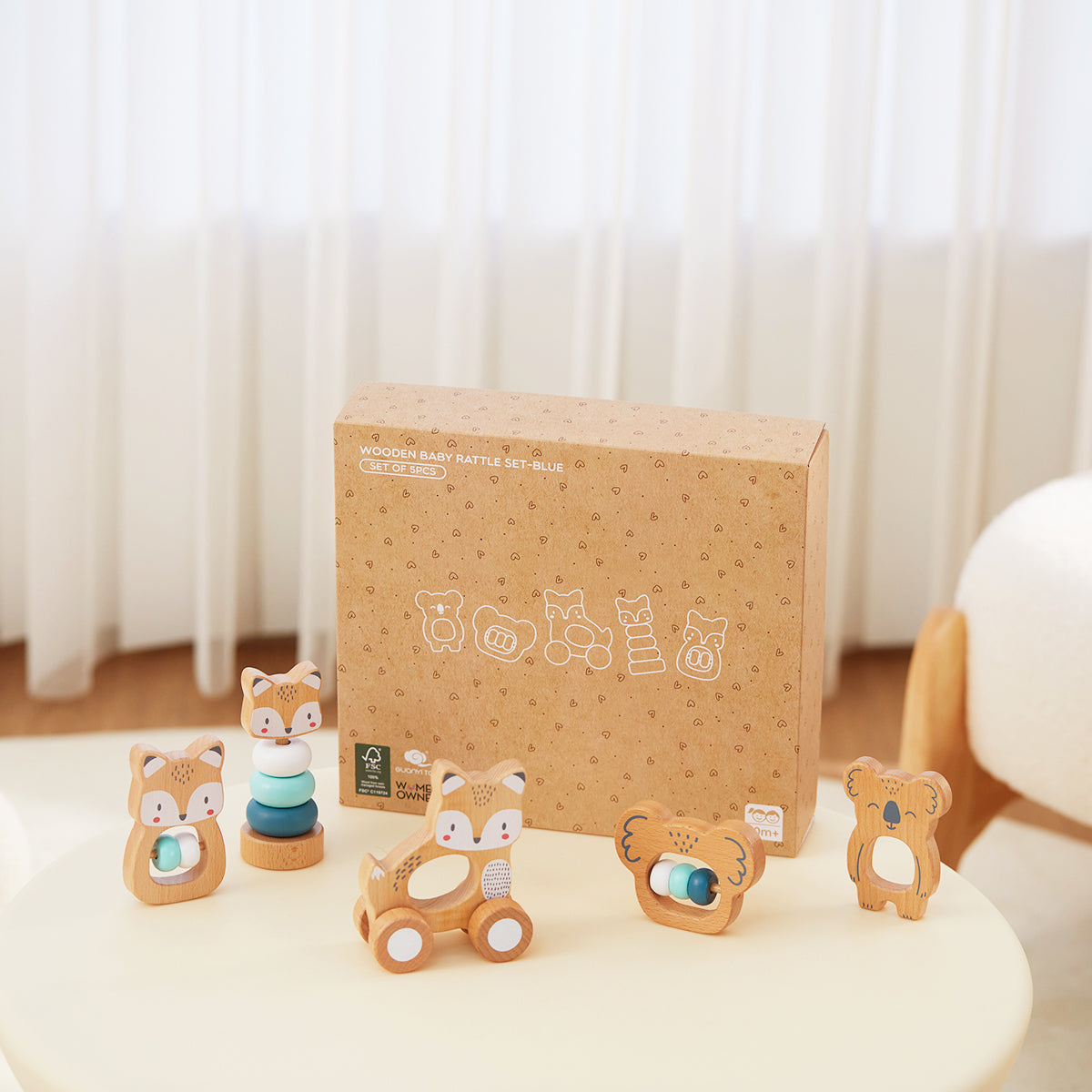 5 in 1, Baby Fox & Sloth Rattle Gift Set (Blue)