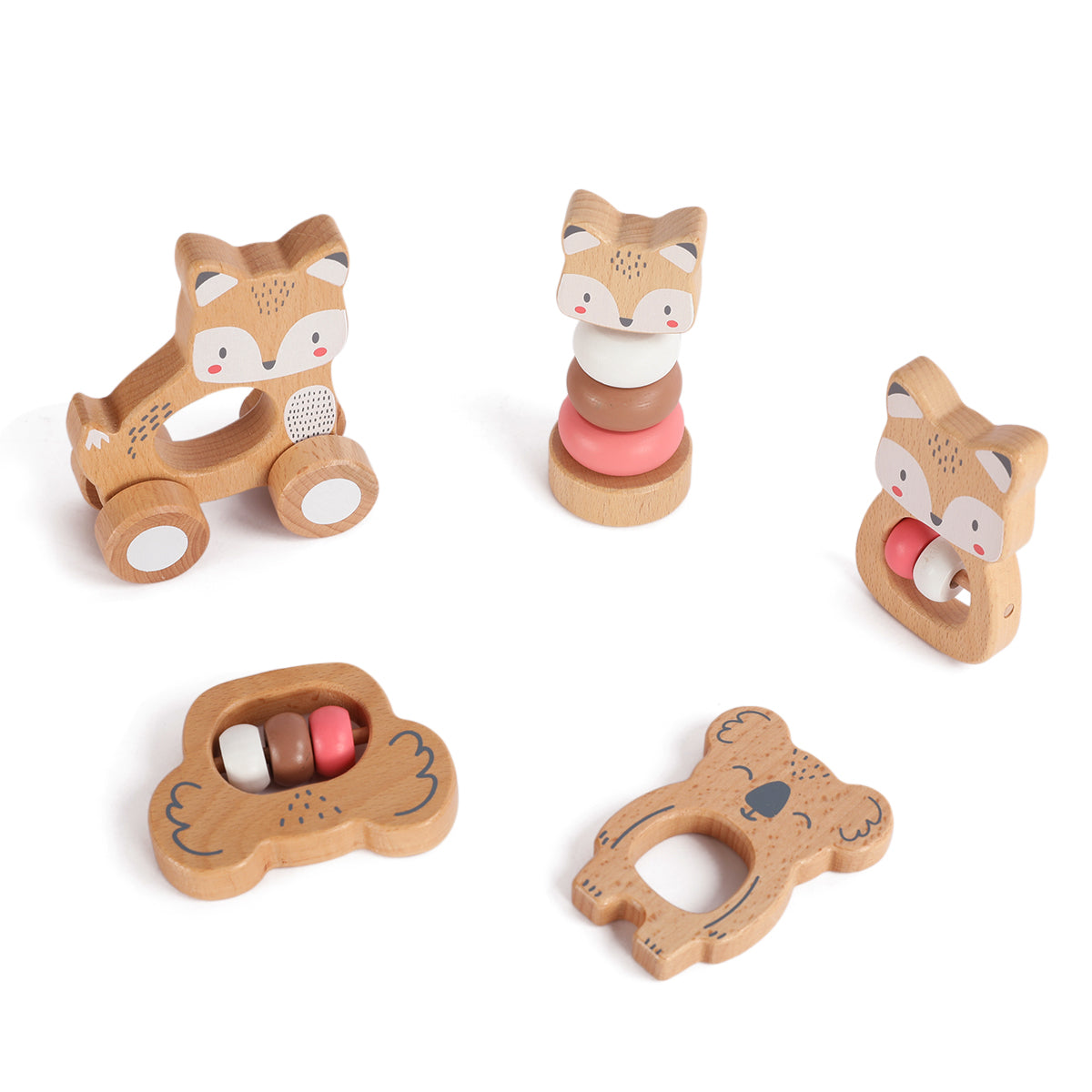 5 in 1, Baby Fox & Sloth Rattle Gift Set (Pink) - GUANYI