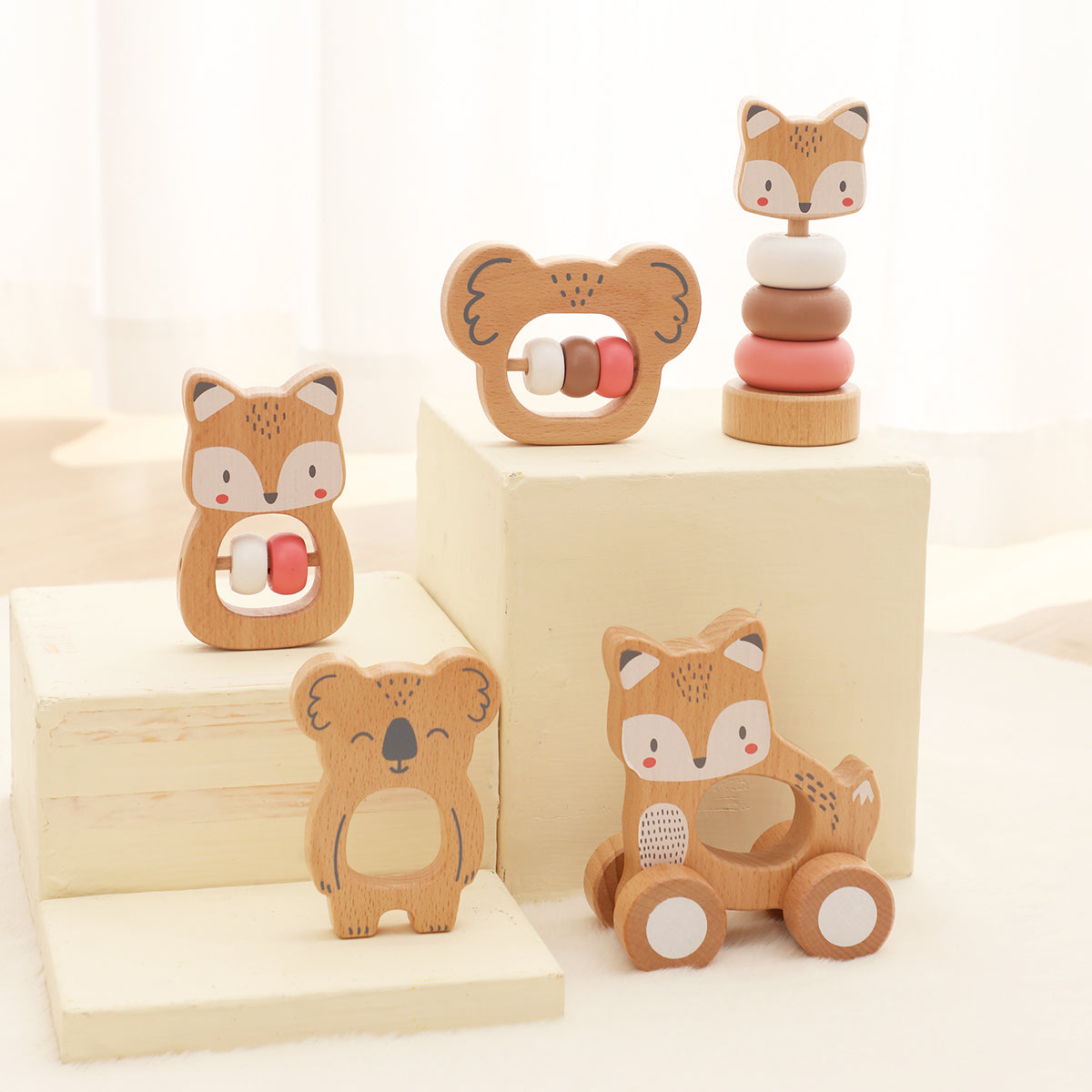 5 in 1, Baby Fox & Sloth Rattle Gift Set (Pink)