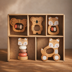 5 in 1, Baby Fox & Sloth Rattle Gift Set (Pink)