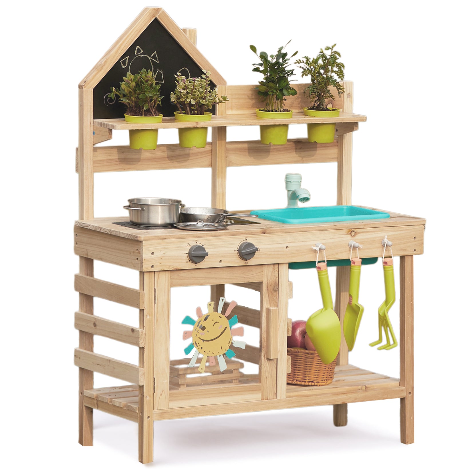 Wooden outdoor mud kitchen toy with sink and stove by Guanyi Toys