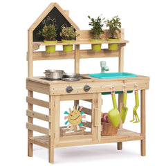Wooden outdoor mud kitchen toy with sink and stove by Guanyi Toys