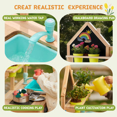 Children's wooden outdoor mud kitchen with water pump and chalkboard