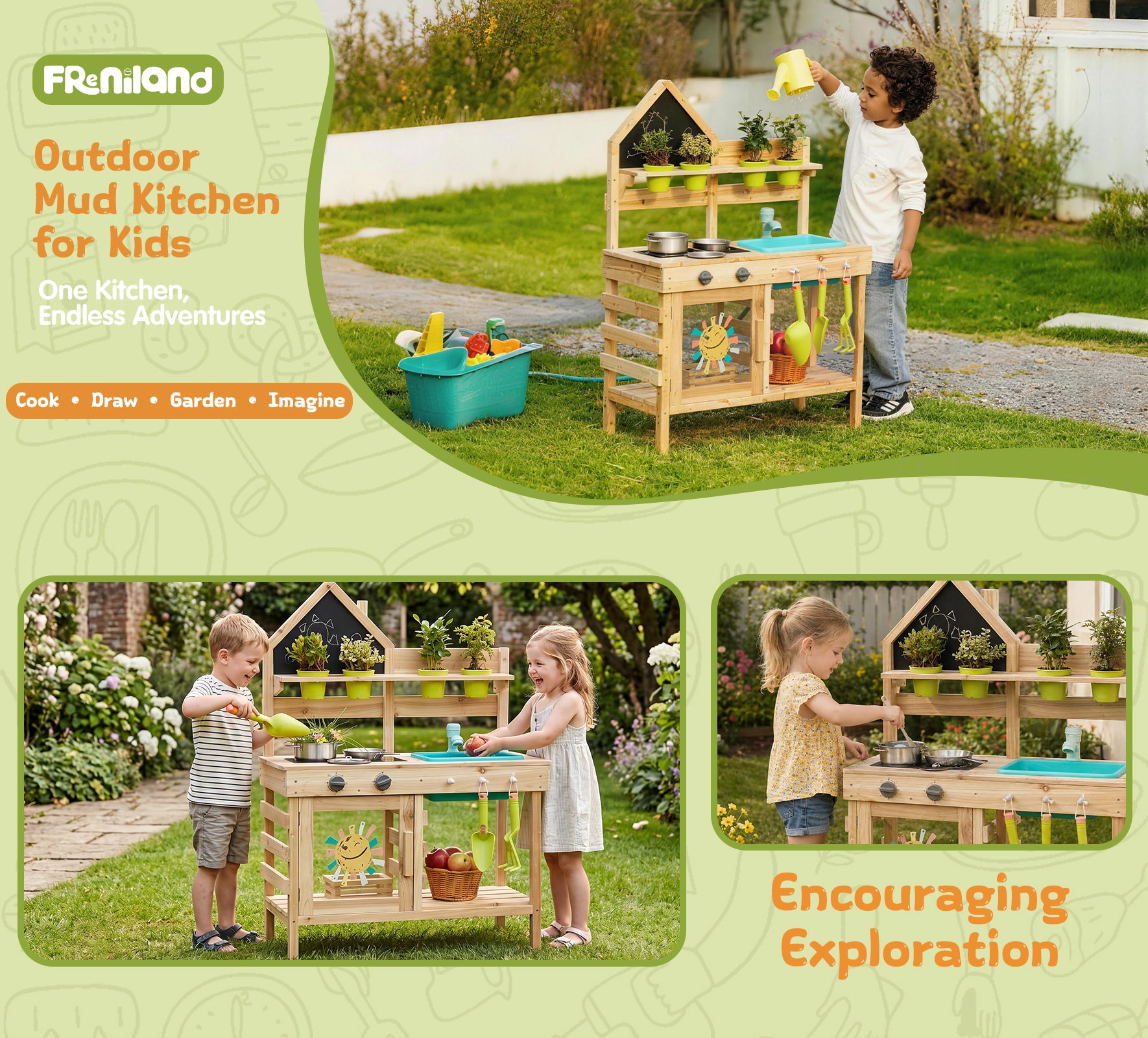 Freniland wooden outdoor mud kitchen for kids garden play by Guanyi Toys
