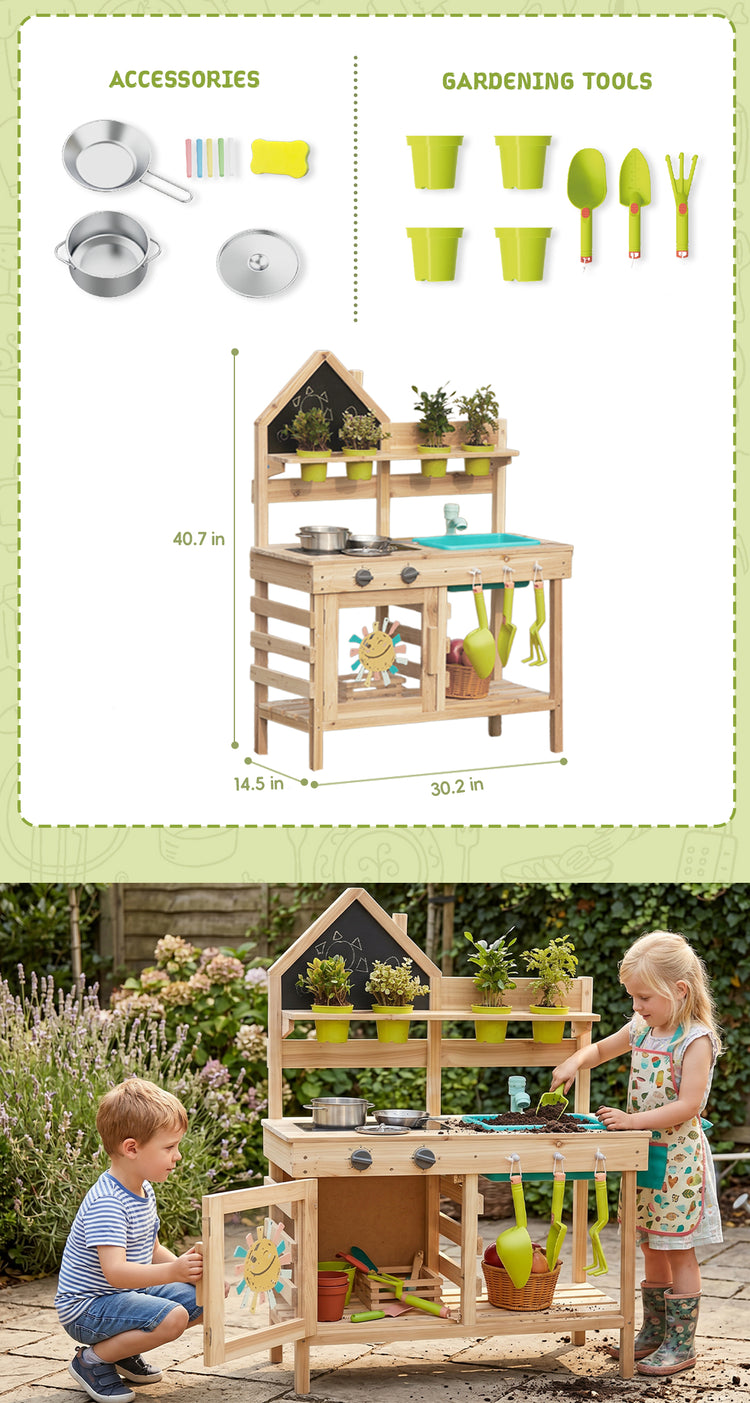 Outdoor wooden mud kitchen and gardening play set by Guanyi Toys