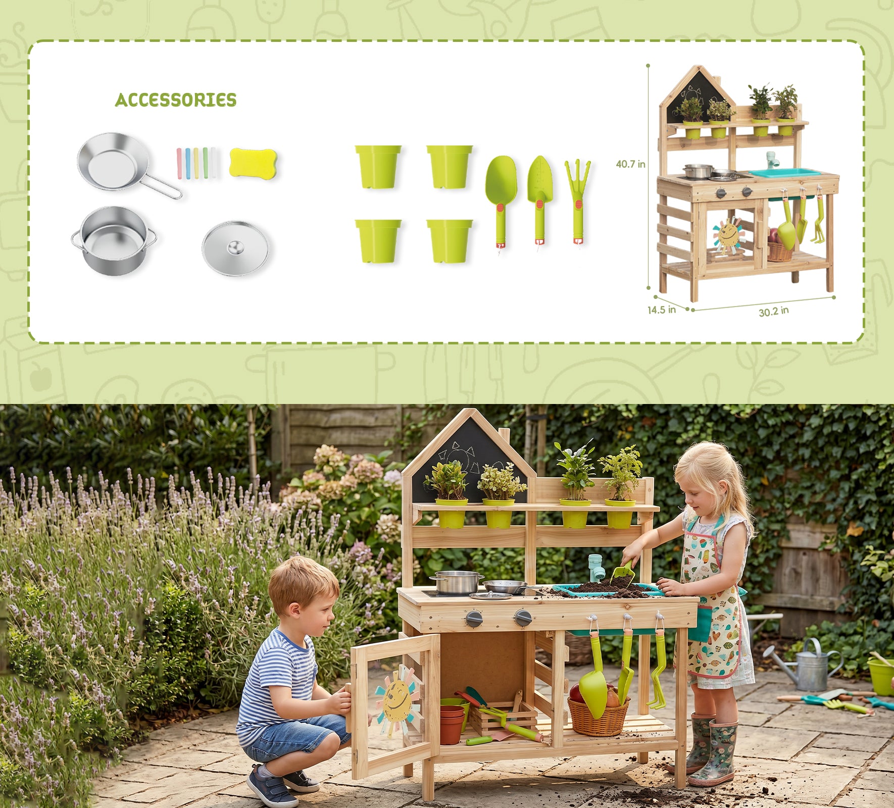 Kids wooden outdoor mud kitchen with accessories by Guanyi Toys